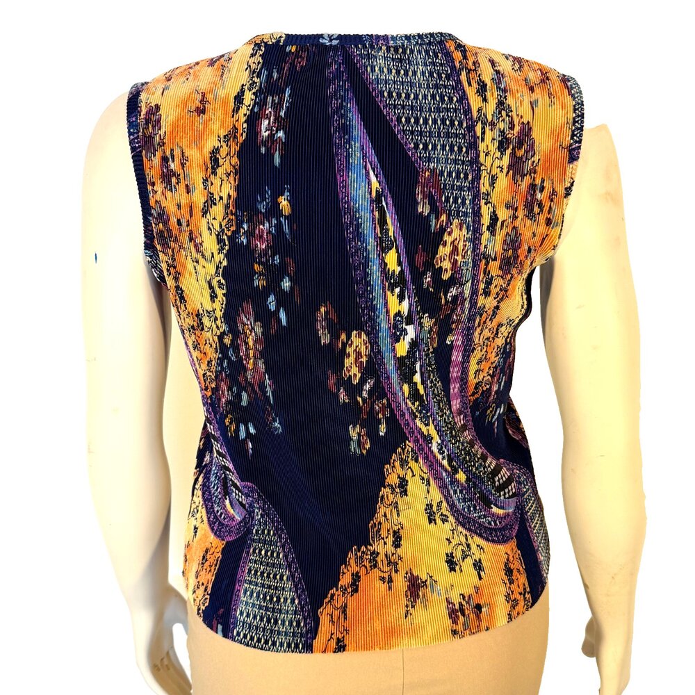 Plisse Tank Blouse Womens L Abstract Accordian Pleat Round Neck Sleeveless - Picture 4 of 10